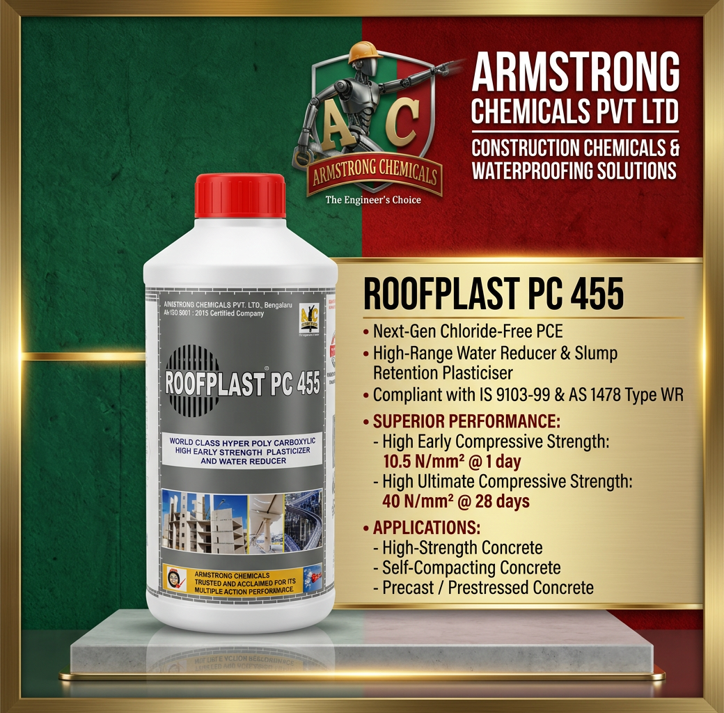 ROOFPLAST PC 455 PCE-based high range water reducer and slump retention plasticizer by Armstrong Chemicals