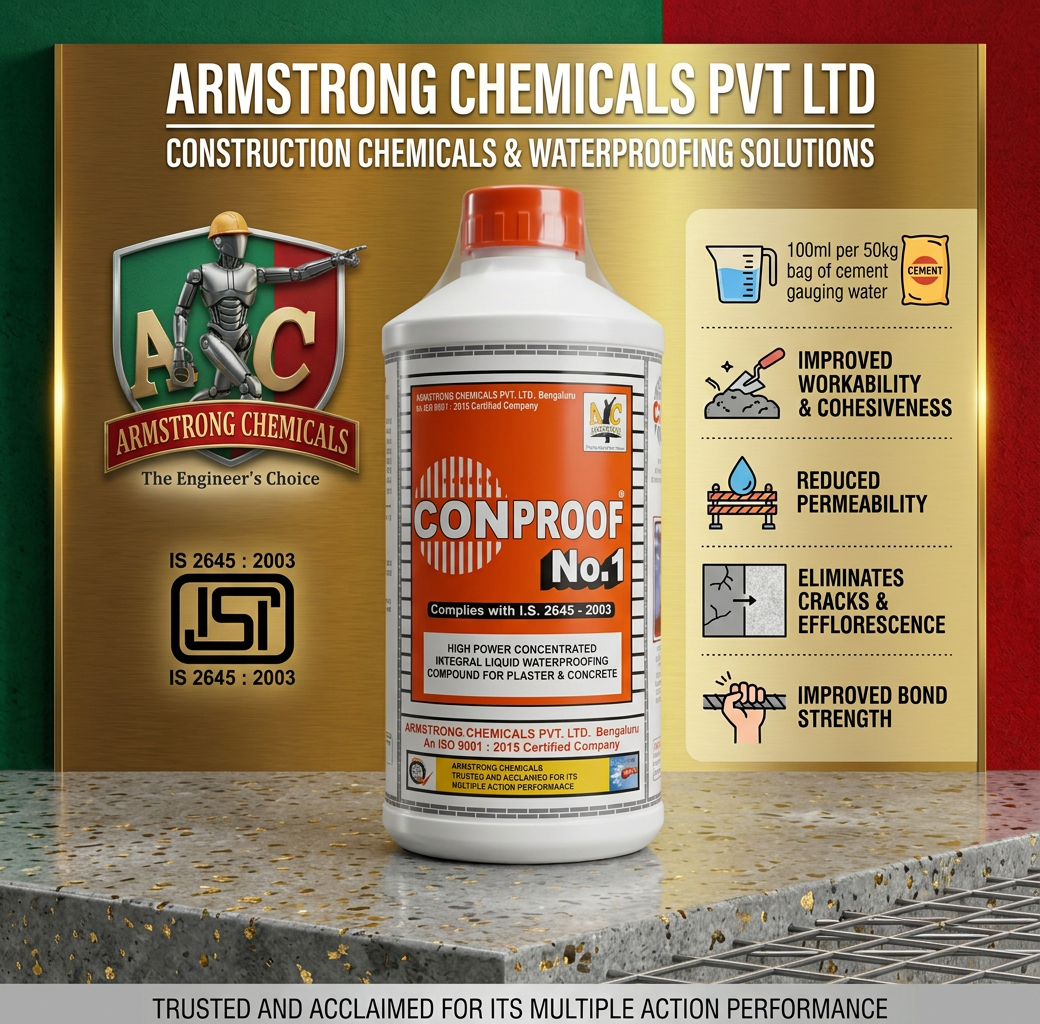 CONPROOF No. 1 ISI marked integral liquid waterproofing compound to IS 2645 by Armstrong Chemicals
