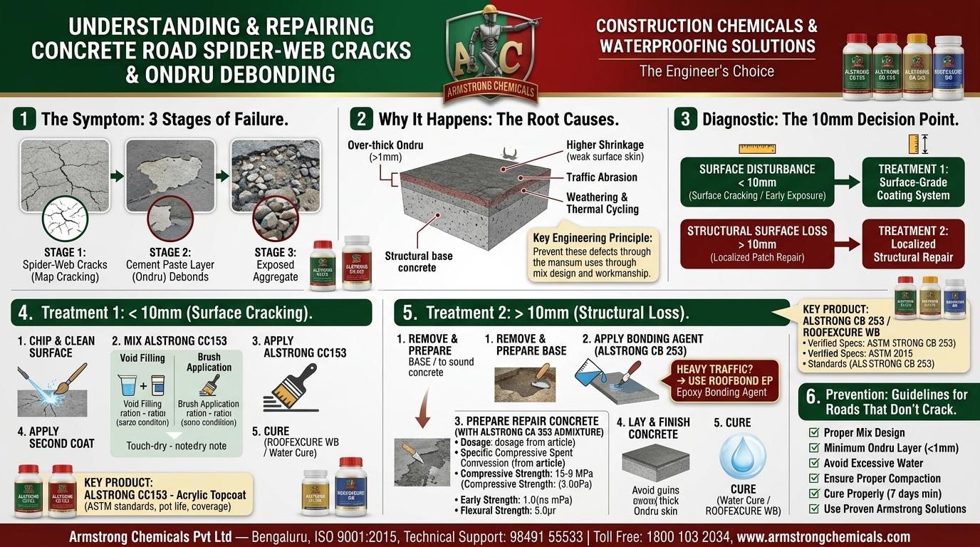 Complete Armstrong Chemicals guide to diagnosing, treating, and preventing concrete road spider-web cracks and Ondru debonding