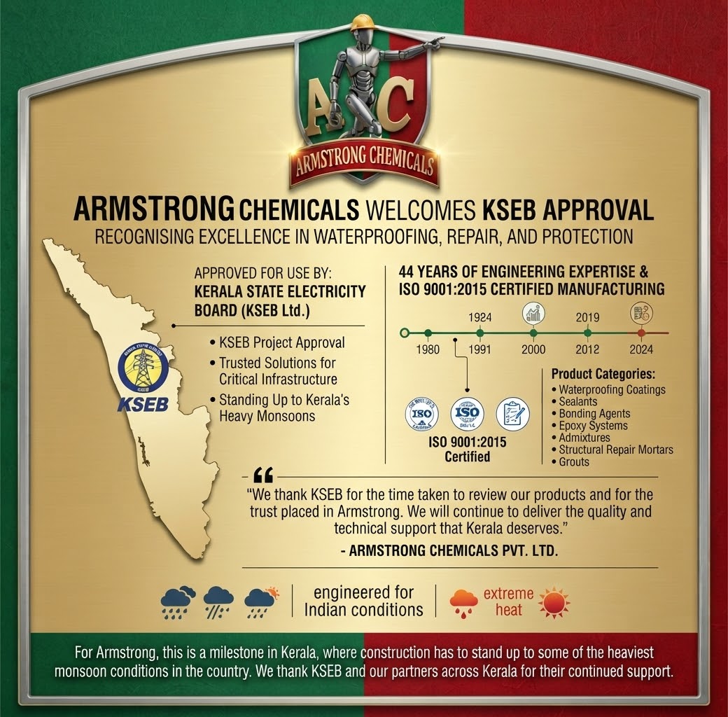 Armstrong Chemicals announcement welcoming KSEB approval for waterproofing, repair and protection products