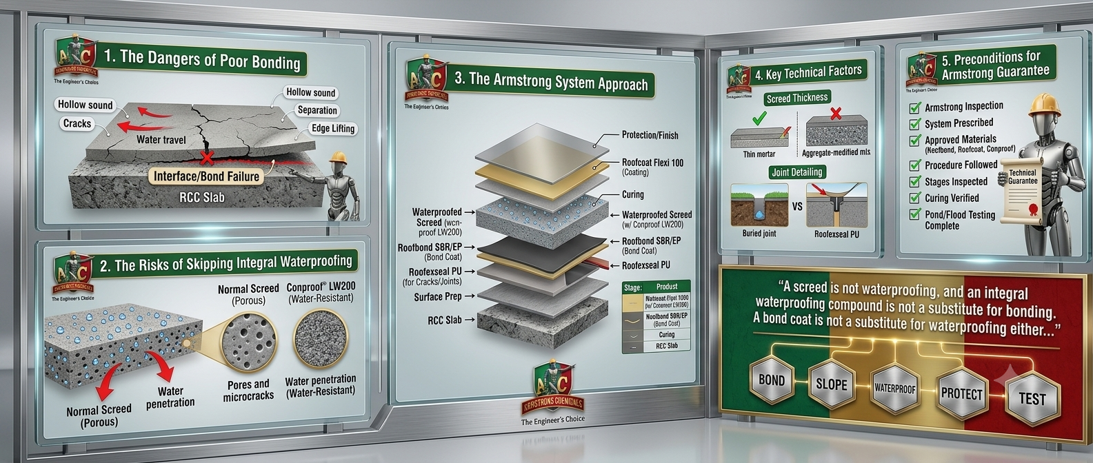 Armstrong technical infographic explaining poor screed bonding, integral waterproofing, the complete layered system, technical factors and guarantee conditions