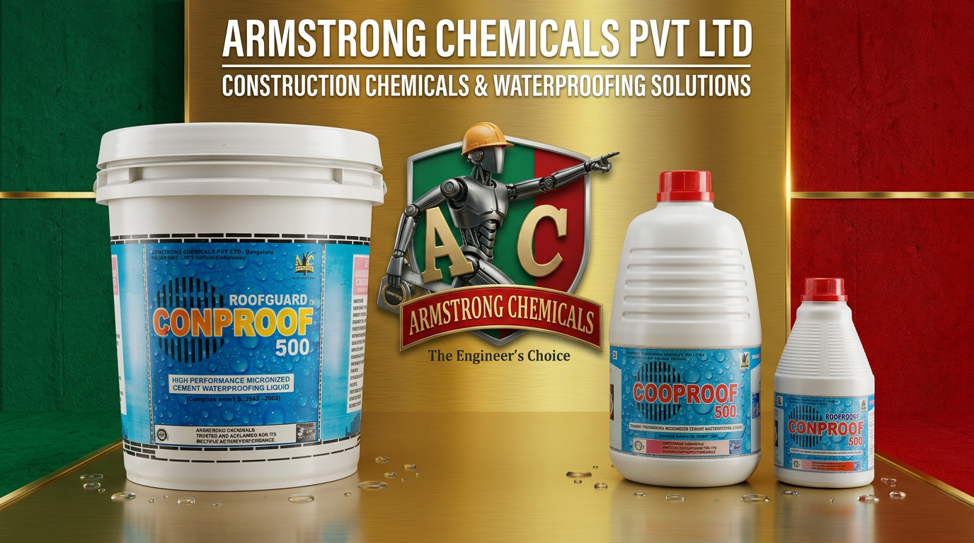 CONPROOF 500 micronised integral liquid waterproofing compound by Armstrong Chemicals — IS 2645-2003 compliant, nil chloride, 500ml per 50kg cement bag